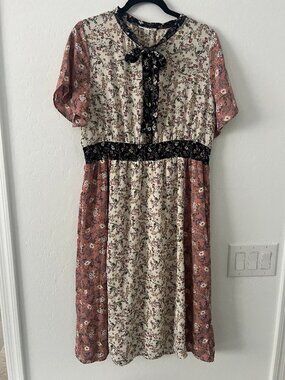 Wren & Ivory Floral Midi Dress XL Boho Cottagecore Smocked Waist Maternity